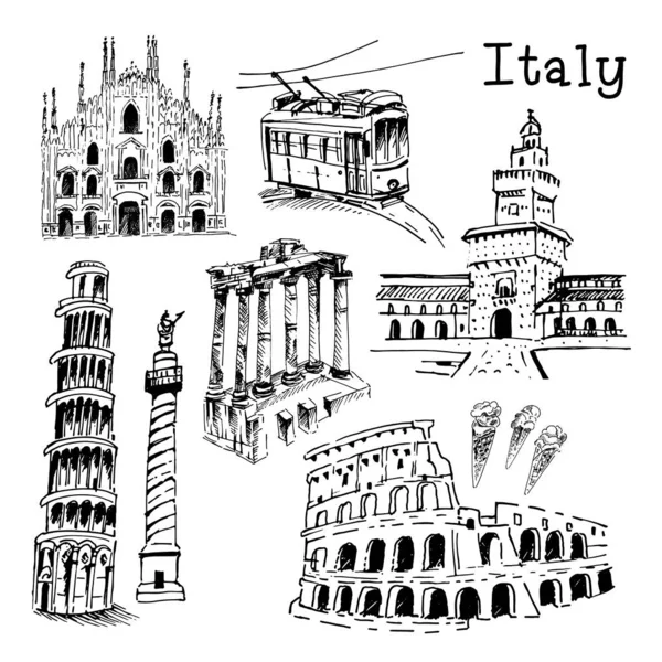 Soubor černobílých budov a objektů, hlavní orientační body Itálie v černém obrysu pro design. Vektorová ilustrace. — Stockový vektor