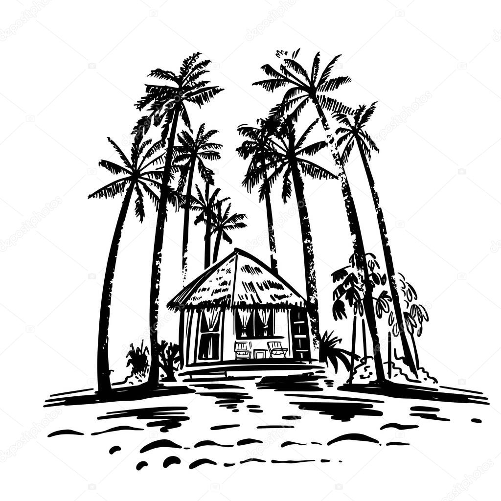 Bungalow by the sea with palms and tropical plants. Beach next to the house. Vacation, tourism in exotic countries. Handmade, vector illustration.