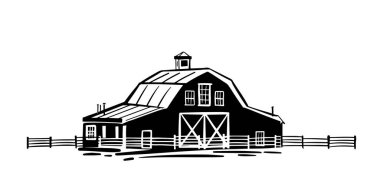 Handmade ranch in black and white outline. Vector illustration of building with fence in countryside.