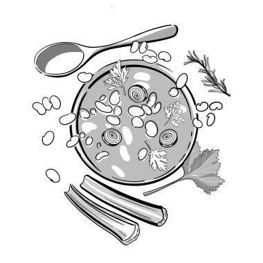 Geleneksel fasulyeli Fasolada çorbası. Vektör illüstrasyonu.