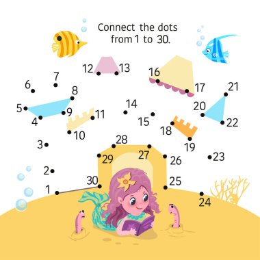 Denizkızı ve Deniz Şatosu. Noktadan noktaya. Noktaları 1 'den 30' a kadar birleştir. Çocuklar için oyun. Vektör illüstrasyonu.
