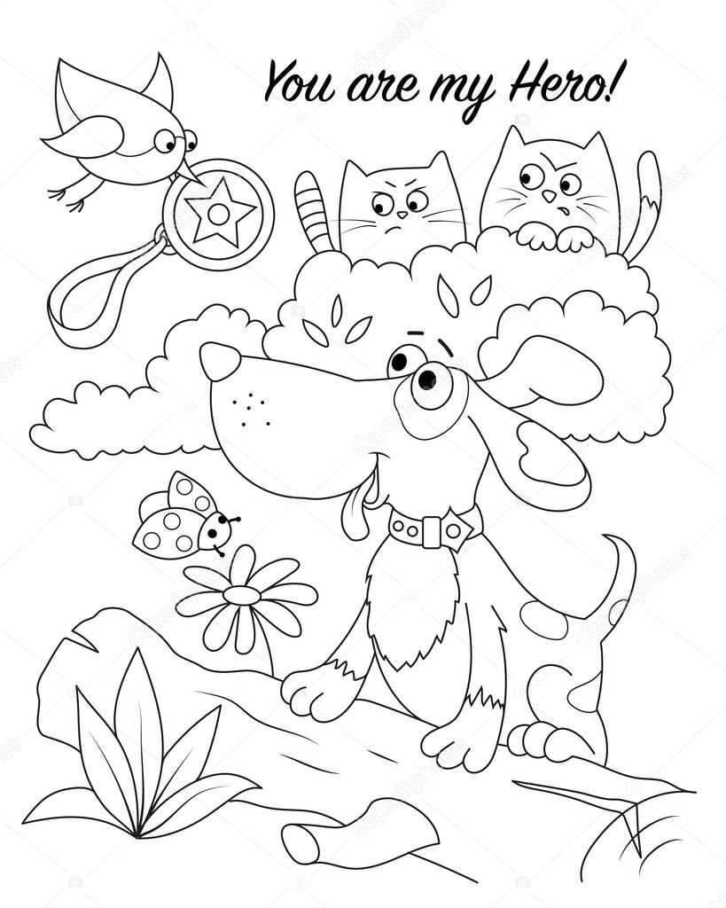 Bird gives medal to dog. Coloring card for children. Vector illustration.