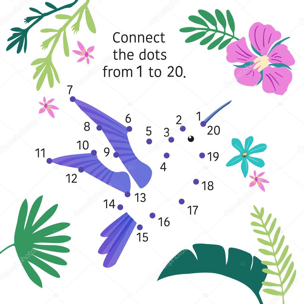 Calibri in rainforest. Dot to dot. Connect dots from 1 to 20. Game for children. Vector illustration.