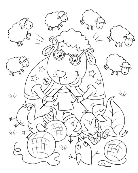 羊のニットと鶏の就寝時間の話をします。子供用のぬり絵カード。ベクターイラスト. — ストックベクタ