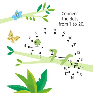 Bukalemun dalda. Noktadan noktaya. 1 'den 20' ye kadar noktaları birleştir. Çocuklar için oyun. Vektör illüstrasyonu.