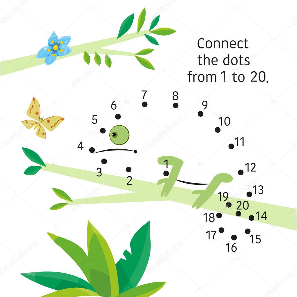 Chameleon on branch. Dot to dot. Connect dots from 1 to 20. Game for children. Vector illustration.