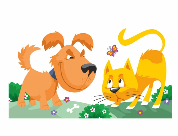 Dog y Cat de nuevo no pueden compartir hueso, imagen de amistad y peleas. Ilustración de vector a todo color. — Archivo Imágenes Vectoriales