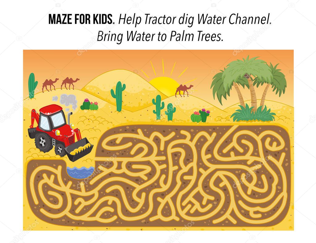 Game for children. Maze with task. Help tractor to dig channel. Activity for mindfulness. Vector illustration.