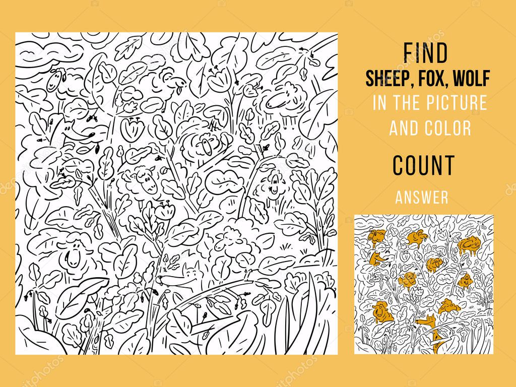 Find sheep, fox, wolf and color, count. Games for Children. Puzzle Hidden Items. Funny cartoon character. Vector illustration.