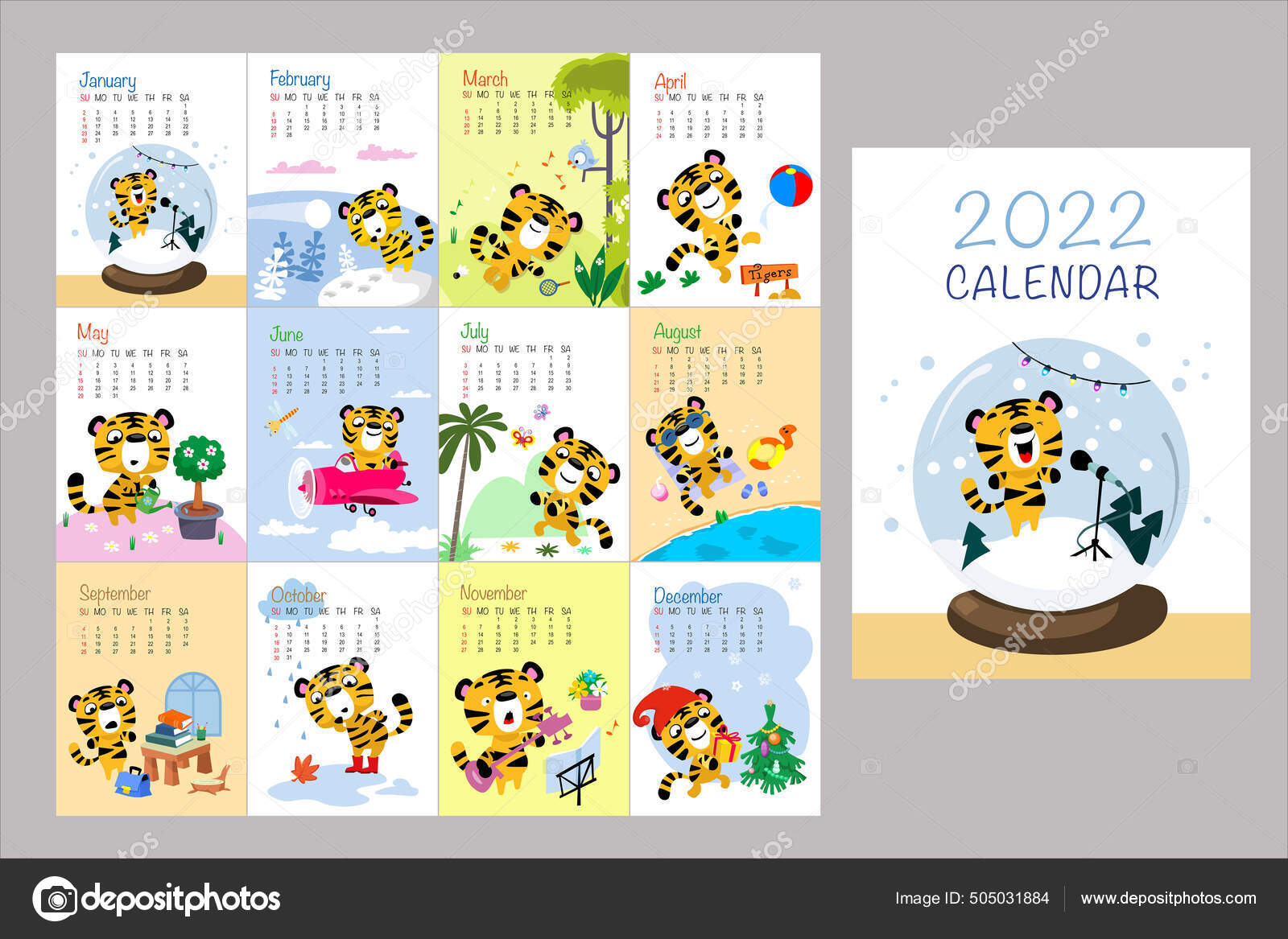 Calendar In English With Cute Hand Drawn Tigers Symbol 2022. Vector Illustration. Great For Adult, Kids, Nursery, Home, Office, Design. Stock Vector Image By ©Alicefoster #505031884