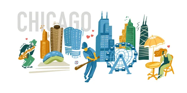 Chicago banner met oriëntatiepunten pictogrammen ingesteld. Traditionele symbolen, mensen en gebouwen full color vector illustratie. — Stockvector