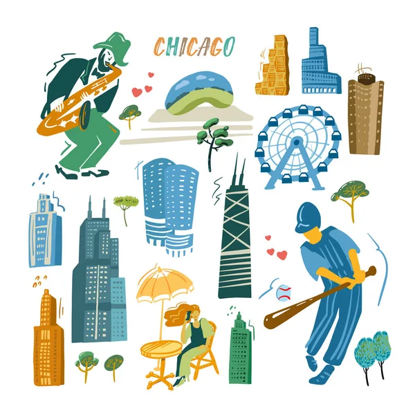 芝加哥的偶像设置。传统符号、人和建筑物全彩色矢量图解. — 图库矢量图片