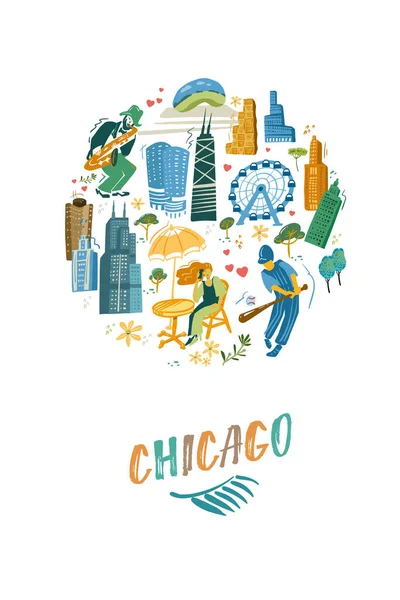 Chicago kaart met oriëntatiepunten pictogrammen ingesteld. Traditionele symbolen, mensen en gebouwen full color vector illustratie. — Stockvector