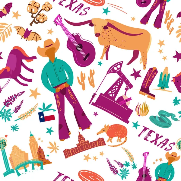 Modèle sans couture avec des symboles et des animaux d'Amérique Texas état. Icônes en couleur sur fond blanc illustration vectorielle. — Image vectorielle