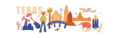 Tarihi simgelere sahip Teksas bayrağı. Geleneksel semboller, insanlar ve binalar tam renk vektörü çizimi.