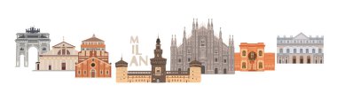 Milano 'da dünyaca ünlü binaların pankartı. İtalya. Tasarım için karalama sanatı. Geleneksel semboller tam renk vektör çizimi.