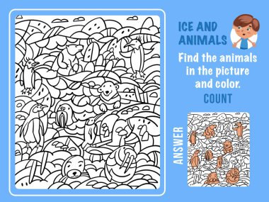 Kar ve buz arasında hayvanlar bul, renk ve sayı. Çocuklar için oyunlar. Gizli nesnelerle bulmaca oyunu. Komik çizgi film karakterleri. Vektör illüstrasyonu.