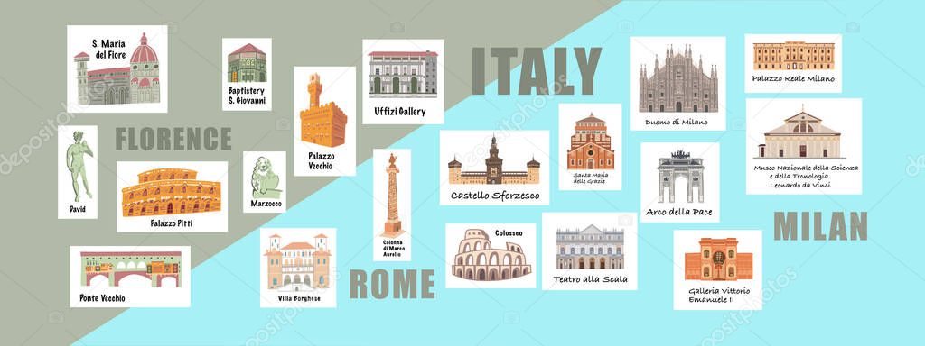 Building famous places Italy stickers. Cartoon doodle art for design. Traditional symbols full color vector illustration.