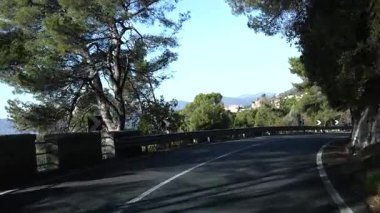 Dağ yolu, doğa, zeytin ağaçları ve İtalya 'nın Liguria sahilindeki taş duvar. Güneşli sonbahar gününde ulaşım ve yollar. Yüksek kalite 4k görüntü