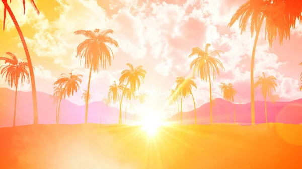 Sommer Tropischen Hintergrund Mit Himmel Sonnenuntergang Und Kokosnussbaum Rendering — Stockfoto