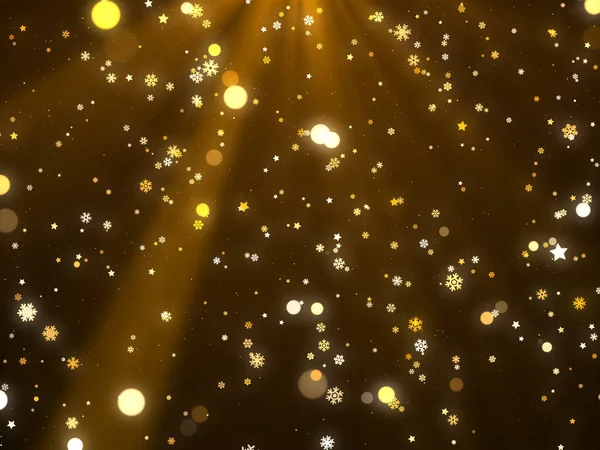 Fondo Navideño Dorado Con Copos Nieve Estrellas Luces Brillantes —  Fotos de Stock
