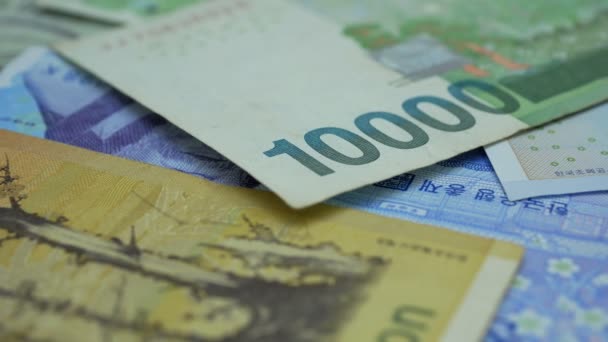 Dolly Shot Banknotes Coreia Sul Ganhou Moeda — Vídeo de Stock