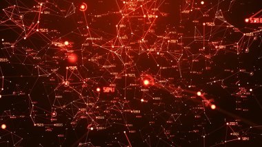 Kırmızı ağ ızgarası ve veri bağlantıları soyut arkaplan.