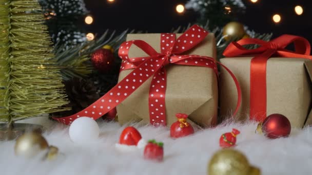 Scatole Regalo Natale Varie Decorazioni Natalizie Lana — Video Stock