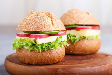 Peynirli sandviçler, turp, marul ve salatalık tahta üzerinde gri beton arka planda. Yan görünüm, yakın görünüm, seçici odak.