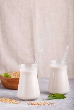 Süt içermeyen organik yulaf ezmesi, cam içinde süt ve gri beton arka planda yulaf tohumlu ahşap tabak. Vegan sağlıklı gıda konsepti, yakın çekim, yan görüş, kopyalama alanı.