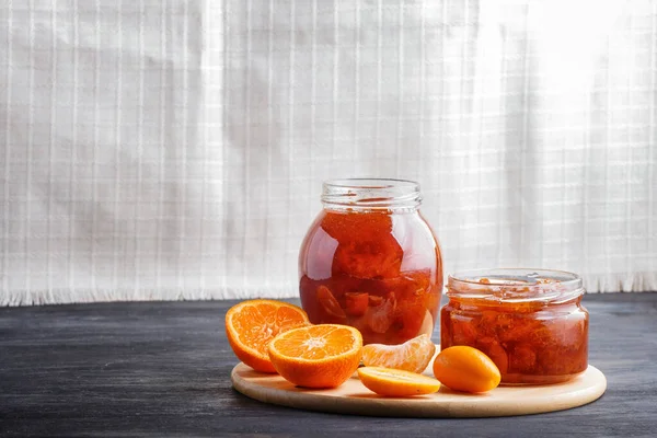 Tangerine Kumquat Jam Glass Jar Black Wooden Table White Linen — Stock Photo, Image