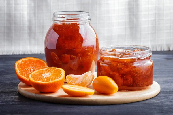 Tangerine Kumquat Jam Glass Jar Black Wooden Table White Linen — Stock Photo, Image