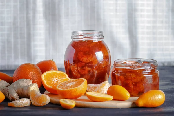 Tangerine Kumquat Jam Glass Jar Fresh Fruits Black Wooden Table — Stock Photo, Image