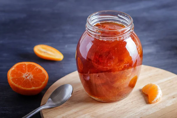 Tangerine Kumquat Jam Glass Jar Fresh Fruits Black Wooden Table — Stock Photo, Image