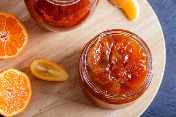 Tangerine Kumquat Jam Glass Jar Fresh Fruits Black Wooden Table — Stock Photo, Image