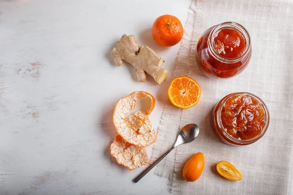 Tangerine Kumquat Jam Glass Jar Fresh Fruits White Wooden Background — Stock Photo, Image