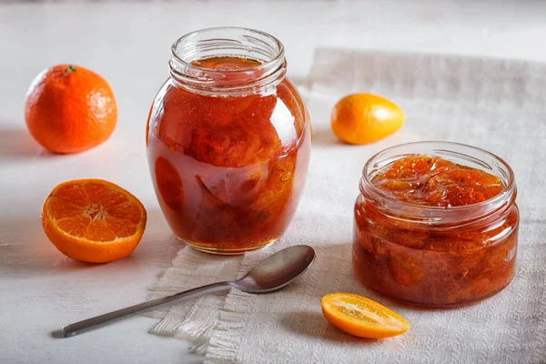 Tangerine Kumquat Jam Glass Jar Fresh Fruits White Background Homemade — Stock Photo, Image