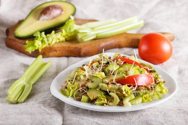 Vegetarischer Salat Aus Sellerie Gekeimtem Roggen Tomaten Und Avocado Auf — Stockfoto