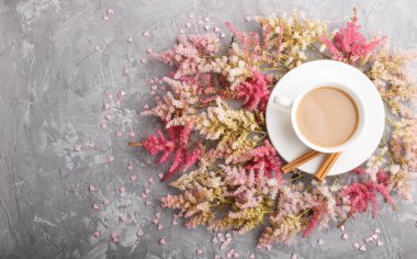 Pembe ve kırmızı astilbe çiçekleri ve gri bir arka planda bir fincan kahve. Morninig, bahar, moda kompozisyonu. Düz konum, üst görünüm, kopyalama alanı.