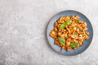 Gri beton arka planda fesleğen ve baharat içeren kızarmış mantar mantarları. Üst görünüm, düz görünüm, kopyalama alanı.