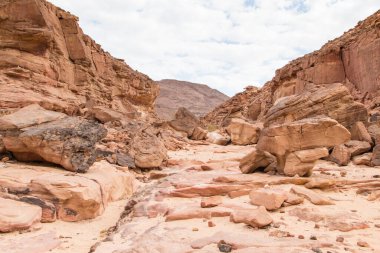 Kırmızı taşlı renkli bir kanyon. Mısır, çöl, Sina Yarımadası, Nuweiba, Dahab.