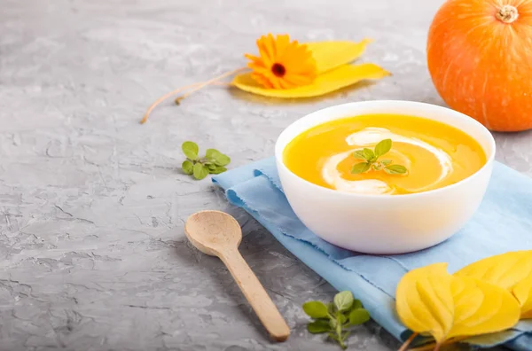 Sopa Crema Calabaza Tradicional Con Tazón Blanco Sobre Fondo Hormigón — Foto de Stock