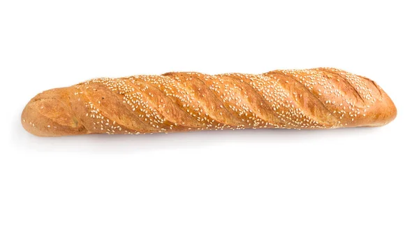 Frisches Goldenes Baguette Mit Sesam Auf Weißem Hintergrund Seitenansicht Nahaufnahme — Stockfoto