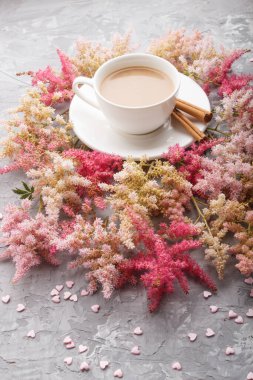Pembe ve kırmızı astilbe çiçekleri ve gri bir arka planda bir fincan kahve. Morninig, bahar, moda kompozisyonu. Yan görünüm, kapat.