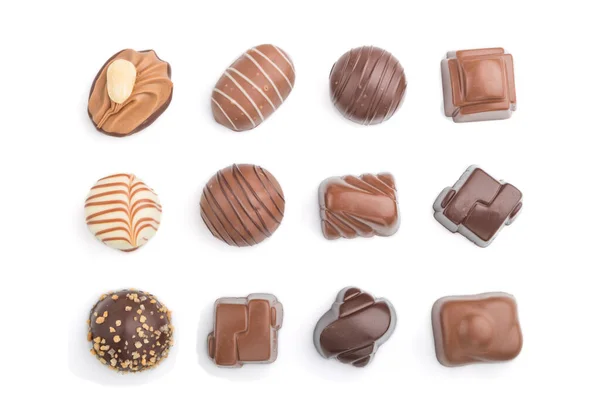 Diverse Caramelle Cioccolato Isolate Sfondo Bianco Vista Dall Alto Disposizione — Foto Stock