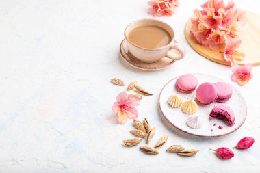 Mor badem kurabiyeleri ya da çiçeklerle süslenmiş beyaz beton arka planda bir fincan kahveli badem kurabiyesi. Yan görünüm, boşluk kopyala.