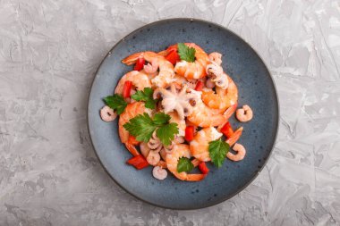 Haşlanmış karides, karides ve gri beton arka planda mavi seramik tabakta otlu küçük ahtapotlar. Üst manzara, düz yatak, yakın çekim..