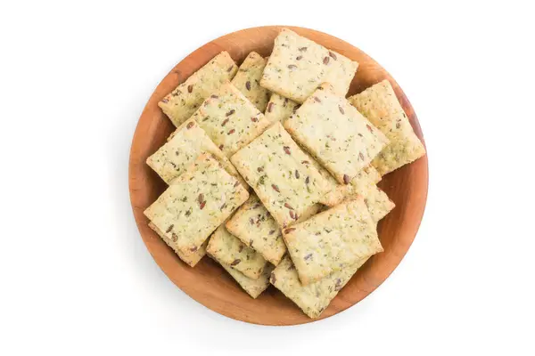 Pequenos Biscoitos Pão Com Sementes Uma Tigela Madeira Isolada Fundo — Fotografia de Stock