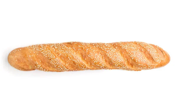 Beyaz arka planda izole edilmiş susam tohumlu taze altın baget. Üst manzara, kapat, düz yat.