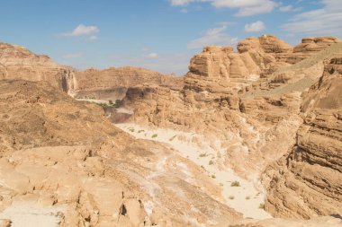 Sarı taşlı beyaz kanyon, güneşli bir gün. Mısır, çöl, Sina Yarımadası, Nuweiba, Dahab.